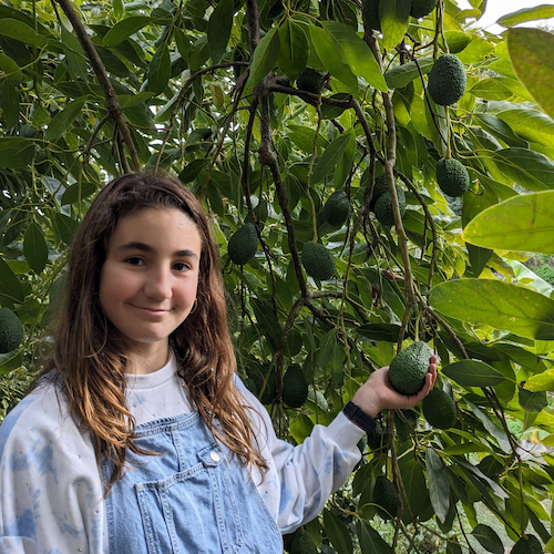 Mireia sujetando con la mano un aguacate