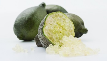 detalle de las perlas o bolitas cítricas de este limón o caviar limón