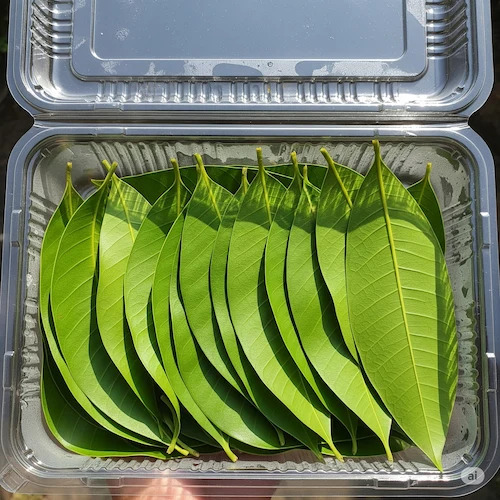 hojas frescas de mango preparadas para envío