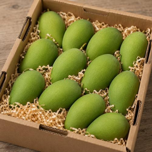 caja de cartón con virutas rellena de mangos verdes