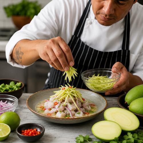 cocinero preparando un ceviche fresco utilizando tiras de mango verde